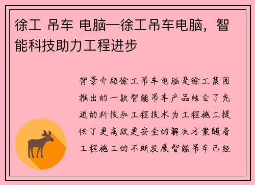 徐工 吊车 电脑—徐工吊车电脑，智能科技助力工程进步