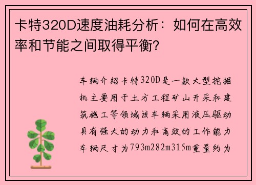 卡特320D速度油耗分析：如何在高效率和节能之间取得平衡？
