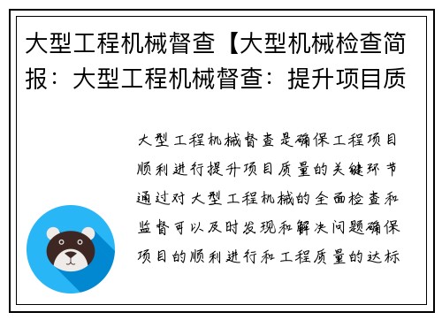 大型工程机械督查【大型机械检查简报：大型工程机械督查：提升项目质量的关键】
